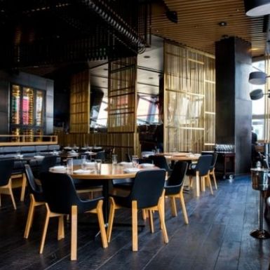restaurant interior design with black and wood